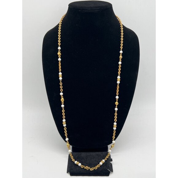 Monet 35" Gold-Tone Chain Necklace With White Beads & Textured Accents - Picture 1 of 5